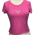 Cut and cropped Baby Tee Womens S Pink Ribbed Embroidered Butterfly Barbie Y2K Photo 0