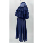 Vintage 80s Midi Party Dress Navy Blue Off Shoulder Layered Ruffles Sheer Yoke Size M Photo 2