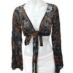 Tiger Mist  Black Paisley Floral Sheer Velvet Velour Long Sleeve Crop Top Size S Photo 0