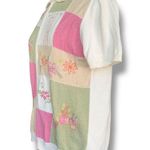 Vintage 90s Embroidered Cardigan Oatmeal Patchwork Light Pink Floral Knit Zipper Size M Photo 5