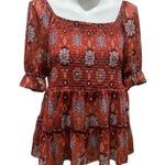 Maurice's Women's L Red Geometric Smocked Peplum Blouse Short Sleeve Photo 5