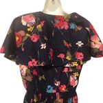 VTG 80’s Deep V Navy Floral Maxi Dress 12/14 Flowy Sleeve Collar Elastic Waist Multiple Photo 5