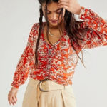 Free People Free‎ People Say The Word Floral Print Ruby Red Ruched Top Long Sleeve Small Photo 0