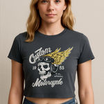 SheIn  Women’s Dark Gray Cropped Biker Skull Shirt Photo 0