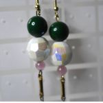 Source Unknown Vintage Pink/White/Green 4" Dangle Drop Gold Tone Fish Hook Party Earrings Photo 1