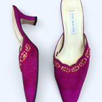 Vintage Romantic Coquette Fairy Classy Feminine Pink mules kitten heels pumps beaded pointed toe glamorous embellished leather sandals Sz 7M Purple Photo 0