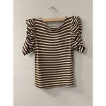 Who What Wear Who what‎ wear small White Mustard striped puff sleeve top Photo 1