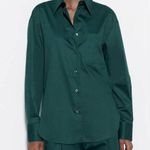 ZARA Asymmetric Poplin Button Up Long Sleeve Shirt in Duck Green Photo 0