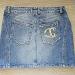 Just Cavalli  Blue Gold Embroidered Logo Jean Denim Mini Skirt Size 42 Photo 0
