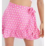 Aerie Pink Geometric Print Ruffle Wrap Mini Skirt L boho y2k Flowy fairy linen Photo 0