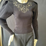 EXPRESS  long sleeve exaggerated sleeve embroidered ribbed lace top black size xs Photo 2