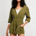 Free People Olive Green Beside You Cotton Shortall Long Sleeve Open Back Romper Photo 0