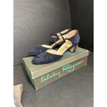Salvatore Ferragamo Vintage Suede Mary Jane Heels Navy Blue Gold Buckle Strap 8 Photo 10
