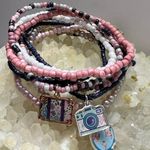 Beaded stretchy charm bracelets travel vacation themed pink blue white floral Photo 5