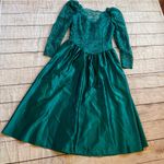 Vintage 1980s Fit and Flare Prom Dress Teal Fitted Bodice Lace Long Sleeve Bow Green Size 14 Photo 0