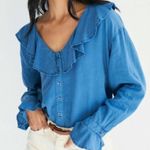 We The Free Amber Linen Ruffle Oversized Blouse in Denim Size Small Photo 0