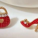 CHIC RHINESTONE HIGH HEEL & BAG ASYMMETRICAL EARRINGS Red Photo 0
