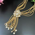 Vintage Unsigned Vendome Multistrand Faux Pearl Gold Mesh Chain Tassel Necklace Photo 3