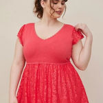 Torrid  Size 0 Pinkish-Orange V-Neck Babydoll Lace Blouse Photo 0