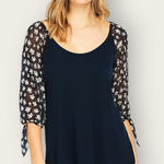Cato  Size L/XL navy blue ribbed knit top with sheer daisy-print sleeves Photo 0