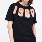 ZARA  TRF Black‎ '1980' Pink fur Crew Neck Tee Shirt Top Short Sleeve Womens Sz S Photo 0