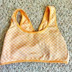 Orange and White Checkered Sports Bra twisted back bralette stretchy size large Photo 0