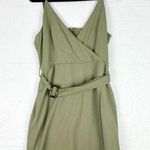 Showpo Linen Blend Faux Wrap Mini Dress Size 12 Green Belted Surplice Neckline Photo 0