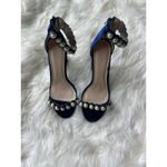 Qupid Heels woman's size 8 Blue Velvet Ankle Strap with Pearl Accents Photo 1