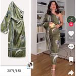 ZARA  COLLECTION PRINT ASYMMETRIC ONE SHOULDER LONG SLEEVE LINEN DRESS GREEN  NEW Photo 1