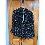 Ganni Floral Crepe Wrap Blouse Yellow Black Size 42 NWT Tie Top Photo 4