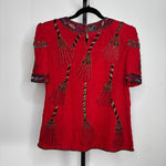 Laurence Kazar Vintage  100% Silk Beaded Sequin Tassel Blouse Red‎ Holiday Bling Photo 1