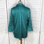 Como‎ Black Satin Diamond Print Button Up Shirt Blouse Teal Green Small Photo 3