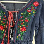 Reborn Denim Blue mini Dress embroidered Floral bell Sleeve tunic raw hem boho L Size L Photo 9