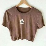 PS/LA Sz L Womens Baby Tee Brown Happy Smiley Flower Crop Ruffle Hem 90s Y2K Size L Photo 0