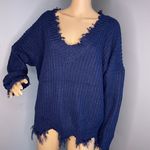 Main Strip V Neck Frayed Sweater Dark blue Size Large Photo 3
