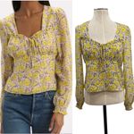 Intermix  Floral Print Silk Top Blouse Long Sleeve Yellow Gray Size 2 Photo 1
