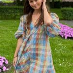 Ganni ππ Seersucker Check Dress ~ Midi Tent Plaid Picnic Balloon Sleeve Size 40 Photo 8