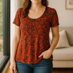 LuLaRoe Red Green Floral Print Scoop Neck Short Sleeve Top Women’s Size XS Photo 2