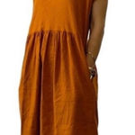 Lou & grey LOFT Linen Blend Babydoll Midi Dress Rust Orange V-Neck Short Sleeve Size L Photo 0