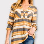 Doe & Rae NWT. Gold and Gray Striped V-Neck Button-Up Women's Top Photo 0