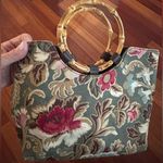 Longaberger Sisters Green Floral Bag Purse Snap Close Bamboo Handle Fall 10x11 Photo 0