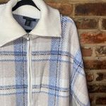 Tahari  Blue Cream Plaid Oversized Full Zip Up Cape Poncho Sweater Women's L/XL Photo 1