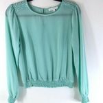 Socialite  Womens Top Sheer Long Sleeve Shirred Gathered Hem Crochet Aqua Blue M Photo 0