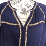 Andree Blue MEDIUM Split Neck Boho Patterned Contrast Trim Long Sleeve Blouse Photo 6