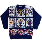 Vintage 80s 90s Blue Floral Granny Square Tile Oversized Crewneck Knit Sweater Size M Photo 0