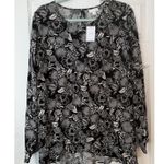 J Jill NWT Sz LG Black White Tropical Floral HiLo Popover Blouse Ruffle Peasant Photo 0