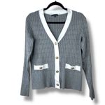 Adrianna Papell Grey Ribbed Cable Knit V-Neck Gold Button Sweater Cardigan Small Photo 1