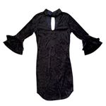1990s Black Crushed Velvet Collar Keyhole Bell Sleeve Bodycon Sheath Mini Dress Size XS Photo 2