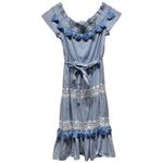 Tularosa Lana Midi Dress L Blue Stripe Embroidered Off Shoulder Tiered Tassel Photo 2
