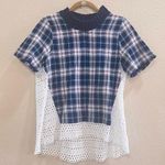 SEA NEW YORK BLUE PLAID/ LACE EYELET CREWNECK TOP BLOUSE SZ M ACCDEMIA PREPPY Size M Photo 0